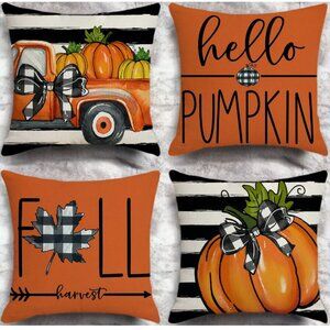 Throw Pillow Covers Orange Pumpkin Cottage Farmhouse Thanksgiving Fall Decor 18"